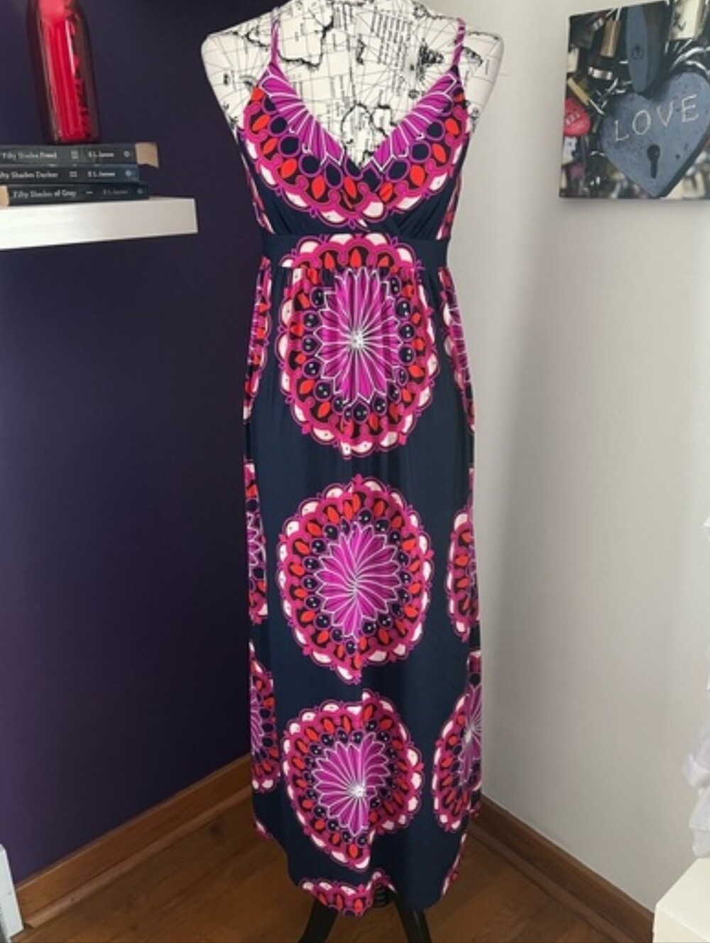 INC International Concepts Navy Maxi Dress with Pink and Red Medallion Print